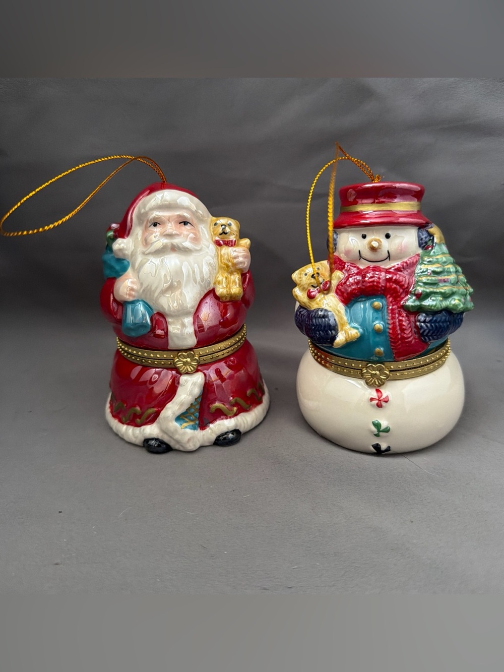 Set Of 2 Christmas Porcelain Music Box Animated Wind-up Scene Santa Snowman